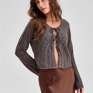 Pointelle Tie Front Cardigan Sweater, NWT, Frosted Mocha Brown, L